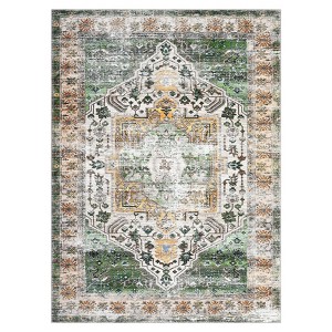Washable Vintage Oriental Rug Non Slip Low Pile Rug Soft Throw Floor Cover Retro Medallion Foldable Indoor Carpet for Living Room Bedroom Nursery - 1 of 4
