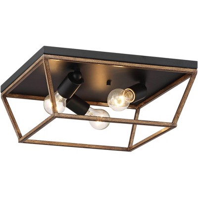 John Timberland Modern Industrial Ceiling Light Flush Mount Fixture Black 15" Wide 3-Light Painted Wood Bedroom Hallway Kitchen