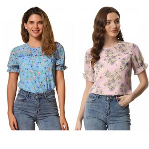 INSPIRE CHIC Women's Chiffon Short Sleeve Ruffled Trim Floral Blouse 2 Packs - 1 of 4