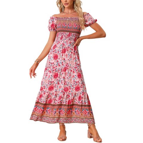 Женские платья INSPIRE CHIC Women's Boho Floral Square Neck Midi Smocked Maxi Dress Medium Pink