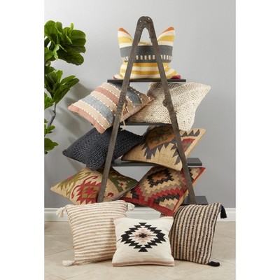 Beige and White Striped Cotton Tassel Throw Pillow