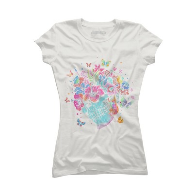 Junior's Design By Humans Floral Butterfly Skull Funny Halloween Costume Hippie Flower By JeilJersey T-Shirt