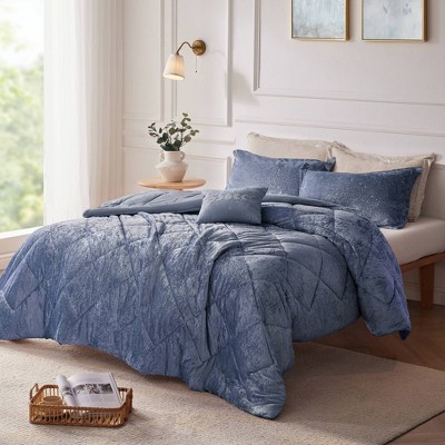 Twin/Twin XL Blue Crushed Velvet Quilted Duvet Set