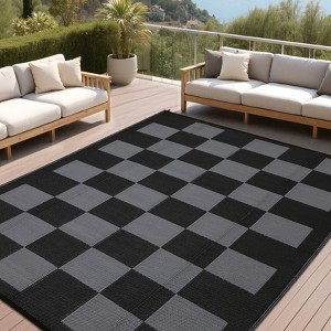 Outdoor Rug, Waterproof Outdoor Plastic Straw Rug, Modern Checkered Reversible Floor Mat, Stain-Resistant Geometric Outside Carpet - 1 of 4