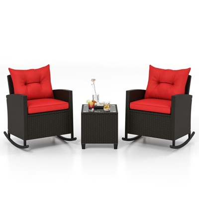 Tangkula Set of 3 Wicker Rocking Set w/ Tempered Glass Table Patio Outdoor