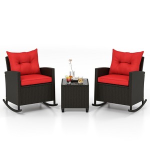 Tangkula Set of 3 Wicker Rocking Set w/ Tempered Glass Table Patio Outdoor - 1 of 4