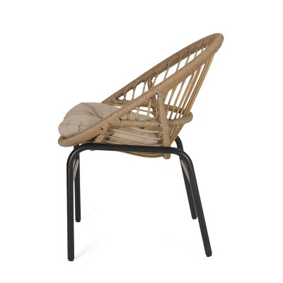 Set of 2 Light Brown Wicker Outdoor Dining Chairs with Beige Cushions