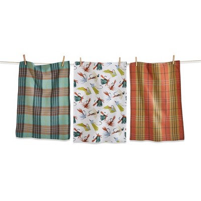 tagltd Set of 3 Fishing Flies Print with Green Plaids Cotton   Kitchen Dishtowels 26L x 18W in.