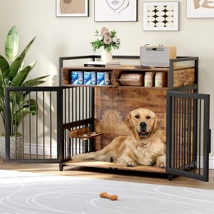 41 Inch/48 Inch Large Wooden Dog Crate Furniture, Heavy Duty Kennel with 2 Drawers Storage, 360° Adjustable Raised Feeder, Dog Cage Indoor House - 1 of 4