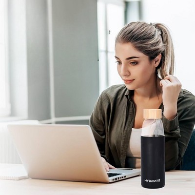 HYDRATE 20 oz Black Glass Water Bottle with Bamboo Lid