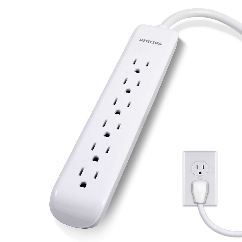 Philips 6-Outlet Surge Protector with 4ft Extension Cord, White, 1 of 11