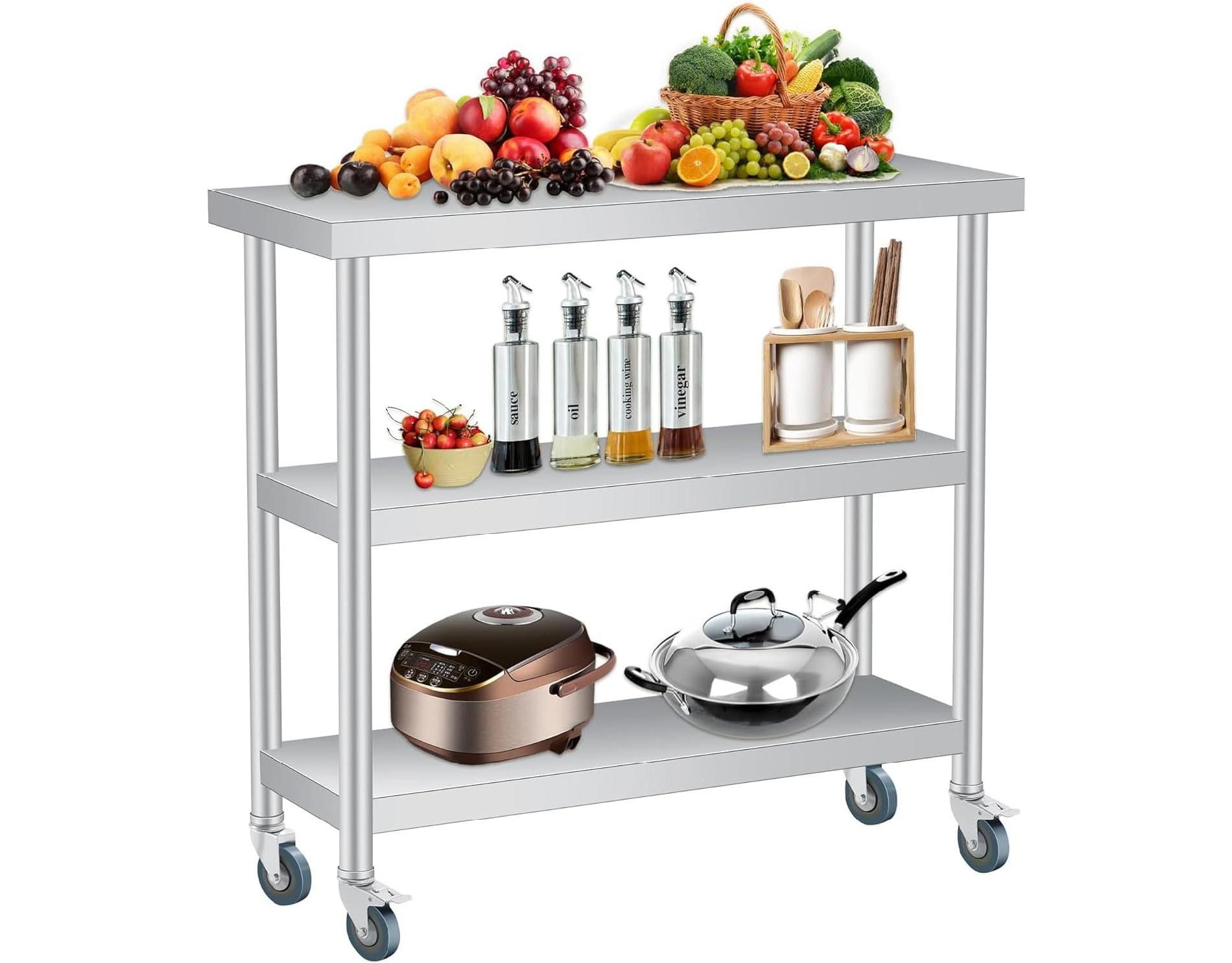 COZONY Stainless Steel Work Table with 3 Tiers & Optional Locking Casters, 36 in Utility Prep Table for Kitchen, Restaurant, Garage