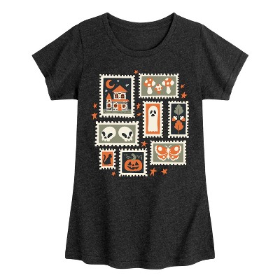 Girls' - Instant Message - Halloween Stamps -Youth Girls Short Sleeve T-Shirt Fitted Short Sleeve Graphic T-Shirt