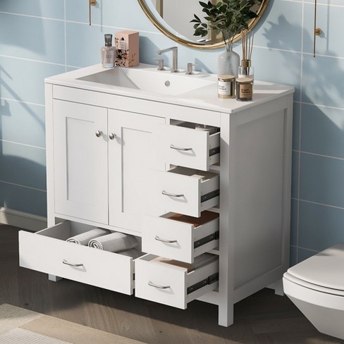 36 Inch Bathroom Vanity, Bathroom Cabinet With Rectangular Sink, 5 Drawers, Solid Wood Frame, 2 Soft Closing Doors, Freestanding Single Sink Bathroom - image 1 of 4