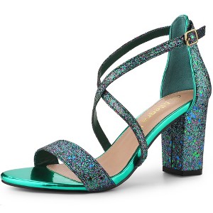 Allegra K Women's Glitter Buckle Closure Crisscross Strap Block Heels Sandals - 1 of 4
