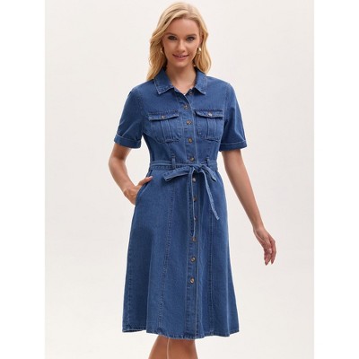 Женские платья INSPIRE CHIC Women's Denim Button Down Short Sleeve Belted Casual Jean Shirt Dresses Medium Blue — фото 2
