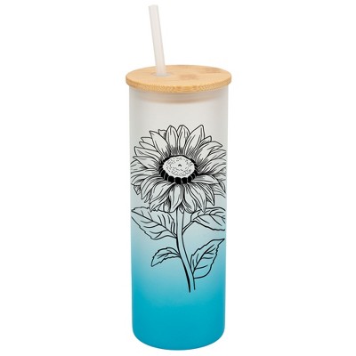 Elanze Designs Joyful Sunflower Sky Blue Frosted Gradient Glass Tumbler with Bamboo Lid & Straw 25 ounce Reusable Iced Coffee or Water Cup