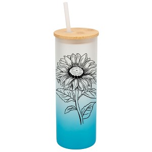 Elanze Designs Joyful Sunflower Sky Blue Frosted Gradient Glass Tumbler with Bamboo Lid & Straw 25 ounce Reusable Iced Coffee or Water Cup - 1 of 4