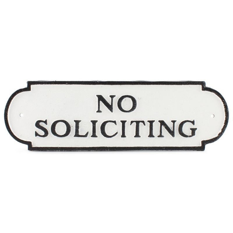 AuldHome Design Cast Iron Black and White No Soliciting Sign; Rustic Farmhouse Metal Plaque w/ Hardware, 1 of 9