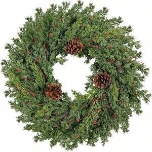 24 Inch Real Pine Wreath Artificial Green Wreaths for Front Door Winter Holiday Decorations Indoor Outdoor Window Thanksgiving - 1 of 4