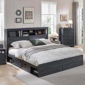 SinCiDo Farmhouse King Sized Wooden Bed Frame, with Charging Station and Led Lights, 52" High Headboard and 4 Large Drawers, Noise Free - 1 of 4