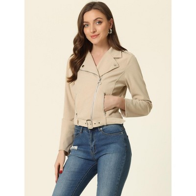 Franhais Women Jacker Faux Suede Leather Jacket Lapel Long Sleeve Zip Up Motorcycle Biker Coat With Detachable Belt