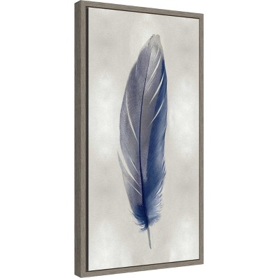 Blue Feather on Silver Canvas Wall Art in Greywash Frame