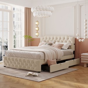 NicBex Queen Upholstered Bed Frame with Linen Tufted Headboard,Platform Bed Frame with 2 Drawers and USB Ports,Easy Assembly,Beige/Gray - 1 of 4
