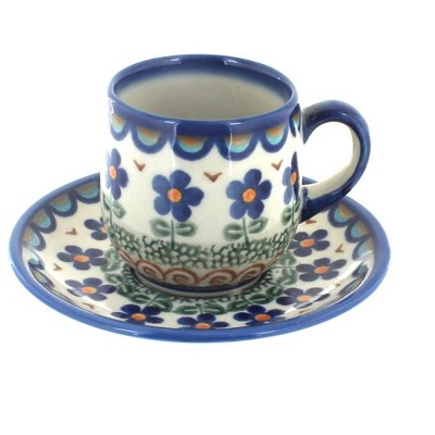 Blue Rose Polish Pottery Aztec Flower Espresso Cup & Saucer