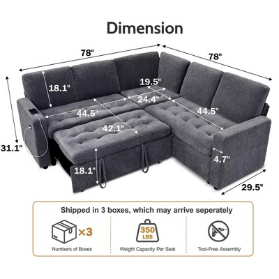 Dimension diagram of a grey L-shaped sectional sofa