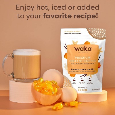 Waka Coffee & Tea Unsweetened Butterscotch Vanilla Flavored Medium Roast Freeze-Dried Arabica Premium Instant Coffee - 3.5 oz