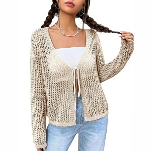 Womens Lightweight Crochet Cardigan Tie Front Shrugs Knit Cardigan Crop Tops Long Sleeve Mesh Sweaters Summer Beach Cover Up - Beige 2XL - 1 of 4
