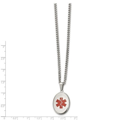 Chisel Stainless Steel Polished with Red Enamel Oval Medical ID Pendant on a 20" Curb Chain Necklace