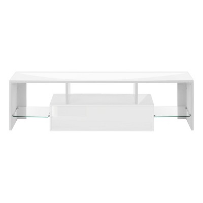 Contemporary Glossy White 63" TV Stand with Tempered Glass Shelves