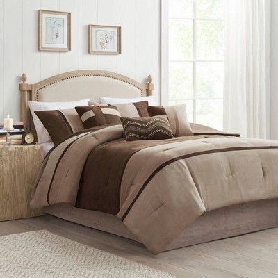 California King Brown Faux Suede Comforter Set with Decorative Pillows