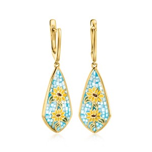 Ross-Simons Mother-Of-Pearl and Multicolored Enamel Sunflower Mosaic Drop Earrings in 18kt Gold Over Sterling - 1 of 4