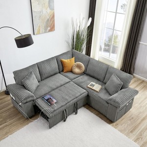 TiramisuBest 5 Seats Sectional Corduroy Sleeper Sofa with Pull Out Couch Bed, L Shape Modular Sofa with Storage Seat, USB & Cup Holders, Dark Grey - 1 of 4