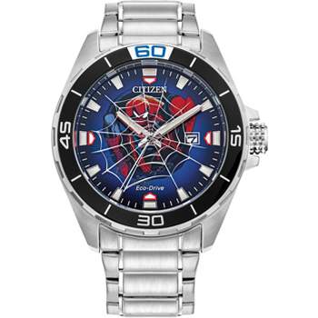 Citizen Marvel Eco-Drive featuring Spider Man 3-hand Silver Tone Blue Leather Strap