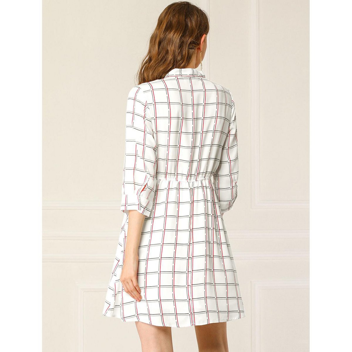 Женские платья INSPIRE CHIC Women's Plaid Tie Neck Puff Sleeve Dress White Medium — фото 5