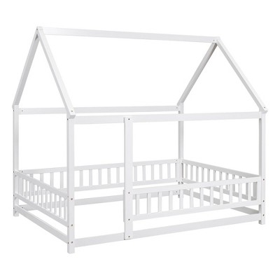 Full Size House Floor Bed With Roof Fence Guardrails Easy Assembly Multifunctional Playhouse Bed