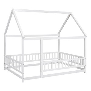 Full Size House Floor Bed With Roof Fence Guardrails Easy Assembly Multifunctional Playhouse Bed - 1 of 4