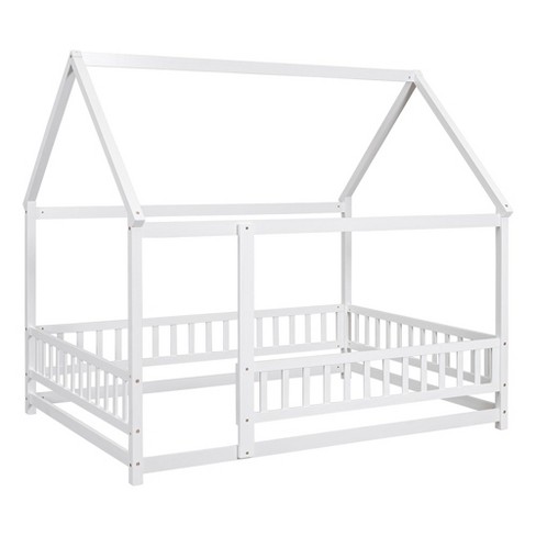 Full Size House Floor Bed With Roof Fence Guardrails Easy Assembly ...