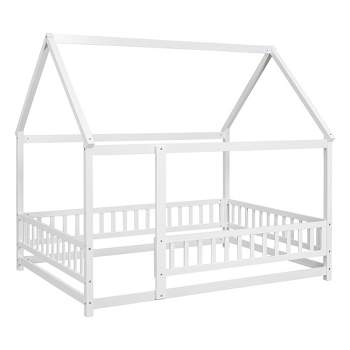 Full Size House Floor Bed With Roof Fence Guardrails Easy Assembly Multifunctional Playhouse Bed