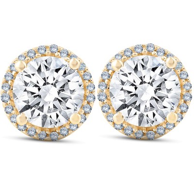 Pompeii3 2 1/5 Ct Diamond Halo Screw Back Studs 10k Yellow Gold Moissanite