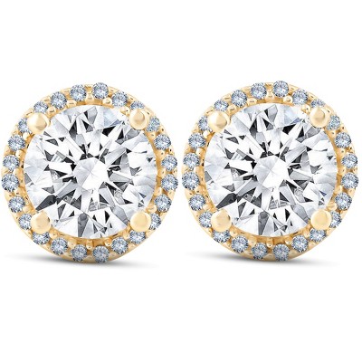 Pompeii3 2 1/5 Ct Diamond Halo Screw Back Studs 10k Yellow Gold Moissanite