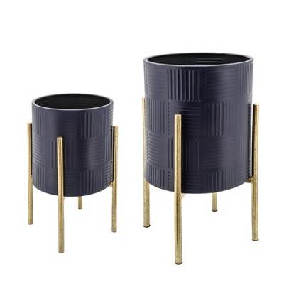 Set of 2 Textured Planters on Metal Stand Navy/Gold - Sagebrook Home