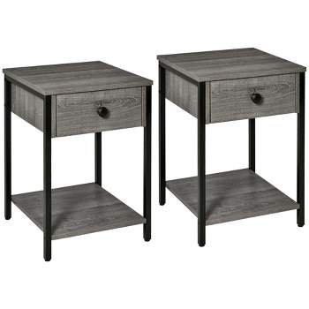 HOMCOM Industrial End Table with Storage Shelf, Accent Side Table with Drawer for Living Room, or Bedroom, Set of 2, Gray