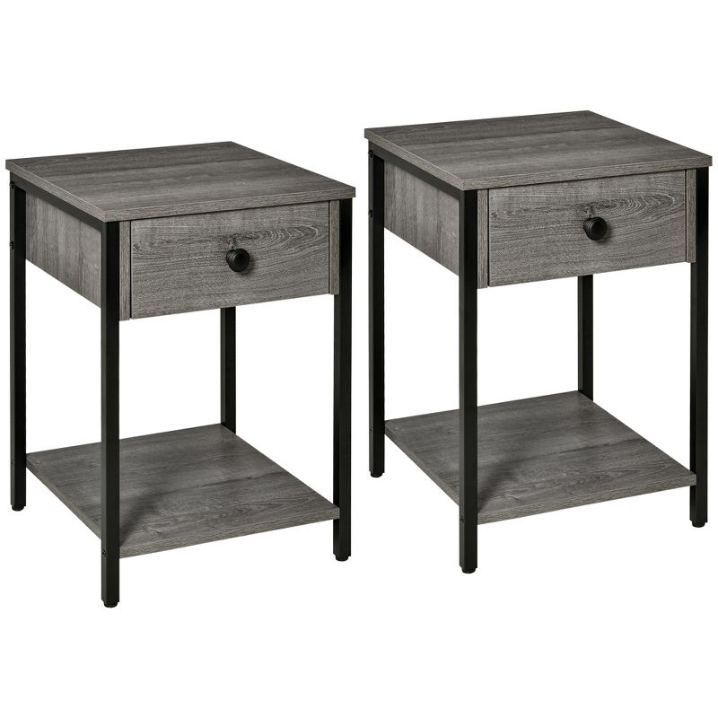 HOMCOM Industrial End Table with Storage Shelf, Accent Side Table with Drawer for Living Room, or Bedroom, Set of 2, Gray, 1 of 7