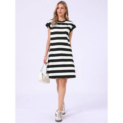 Женские платья INSPIRE CHIC Women's Striped Crew Neck Cap Sleeve Color Block Casual Summer Shift Mini Dresses Small Black and White — фото 4