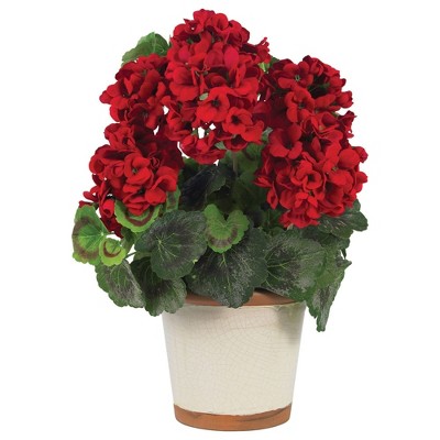 Red and Green Silk Geranium Arrangement in White Pot